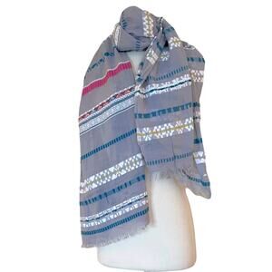 Rectangle Scarf Boho Embroidered Lightweight Gauze Gray Multicolor Trims Raw Hem